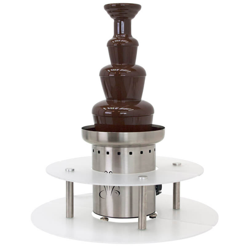 Food display riser for catering Chocolate Fountains. Works as a three tier party platter that surrounds a chocolate fountain to display food for weddings and catering events.