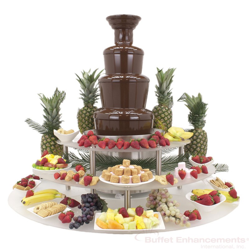 Food display riser for catering Chocolate Fountains. Works as a three tier party platter that surrounds a chocolate fountain to display food for weddings and catering events.