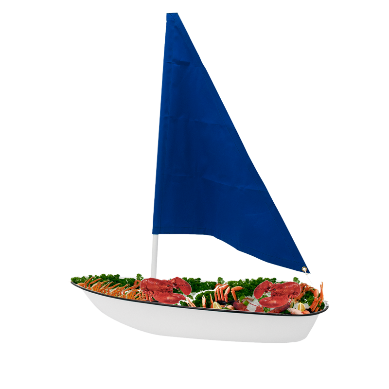 010SBOAT seafood shell display is 32 in. x 16 in. x 40 in. mast easily folds down for storage. Your choice of sail color. Made of durable acrylic with built in drain for all your catering events and wedding parties. Spruce up any event that needs seafood displayed to wow your guest. Boat shown in white acrylic and blue sail.