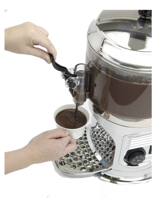 1BHC235-Chocolate-Shot®-European-drinking-chocolate machine shown filling up a demitasse in an elegant coffee shop.<br />
