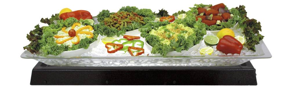 1BLCS35-Chefstone-lighted-ice-display.  A black LED lighted base with an acrylic tray filled with salads and garnished with Kale.
