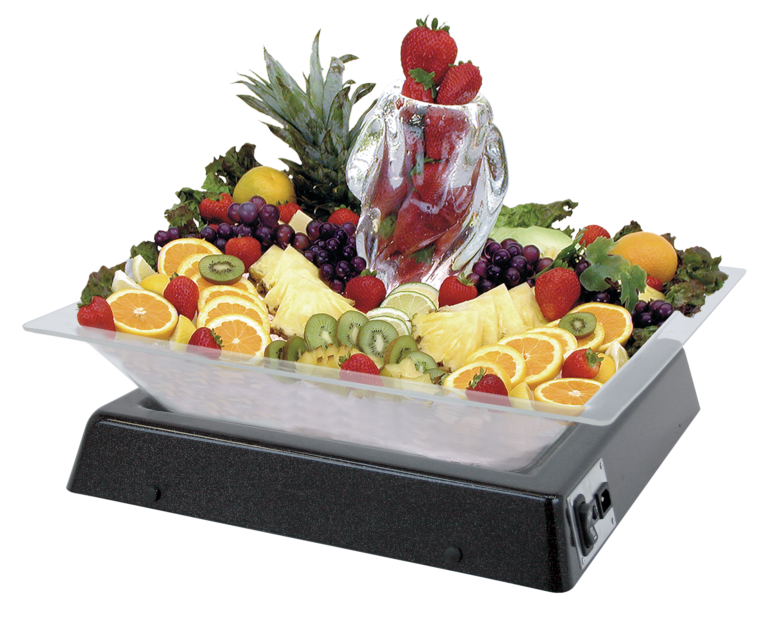 Glo-Ice acrylic buffet serving tray and illuminated display tray for catering 