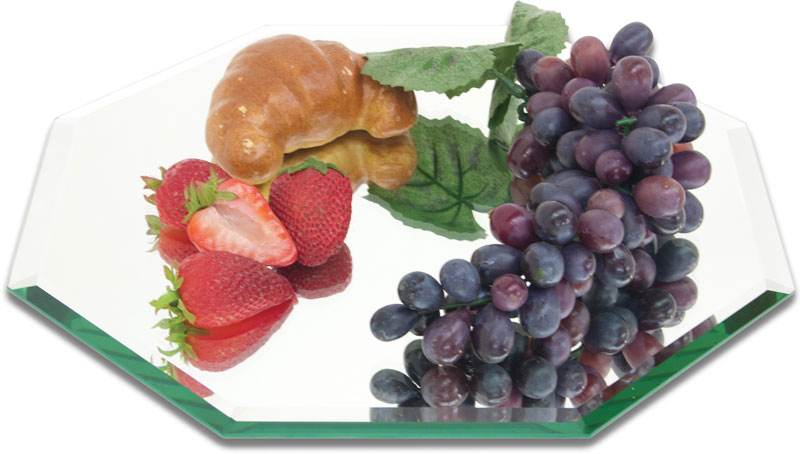 Beveled table mirror centerpiece with croissants, strawberries and grapes