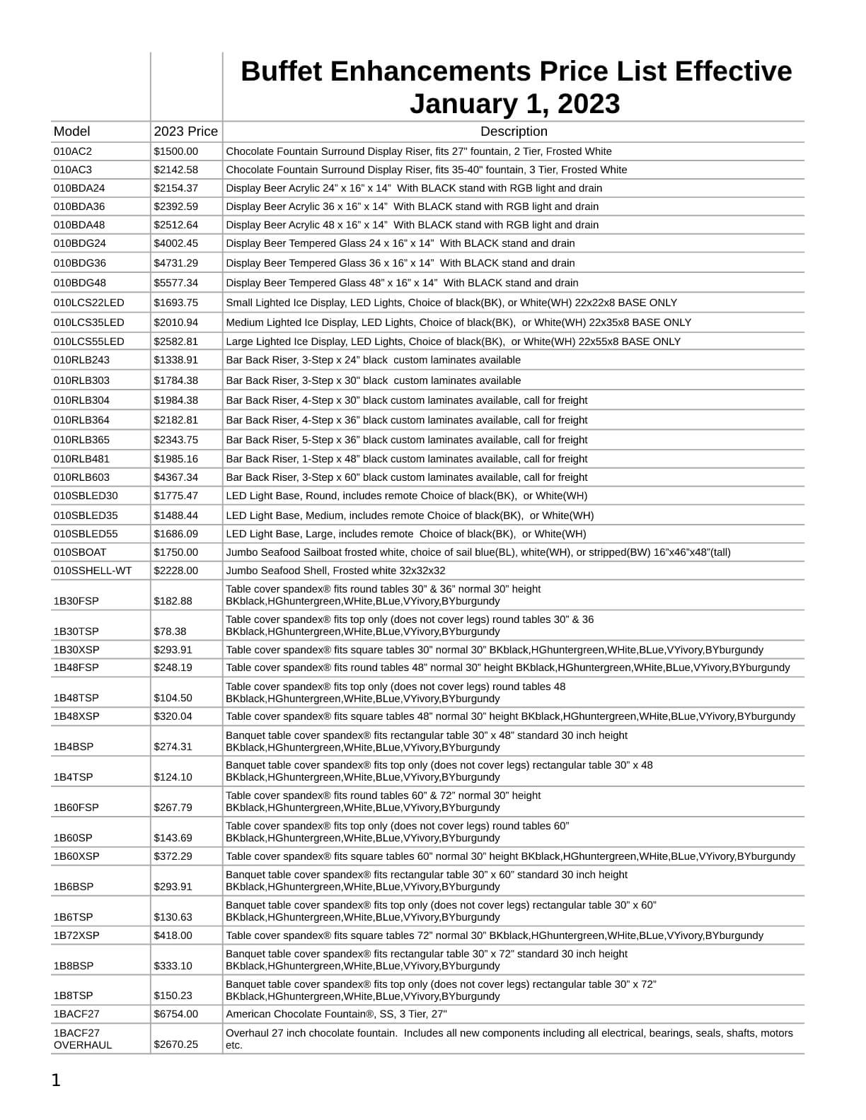 2023 Buffet Price List