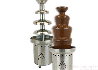 American Chocolate Fountain 27 inch small all stainless steel and made in America. image shows two chocolate fountains, one with chocolate running, one no chocolate running.