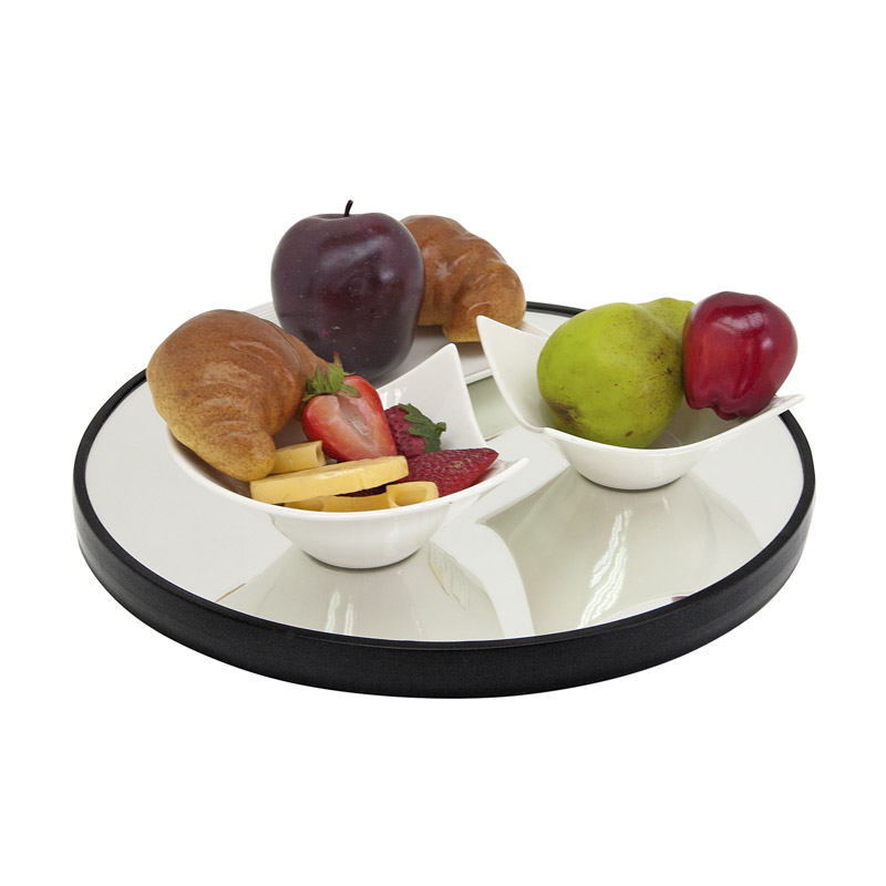 1bgm14round 14inch centerpiece mirror with bowls of fruit and croissants.