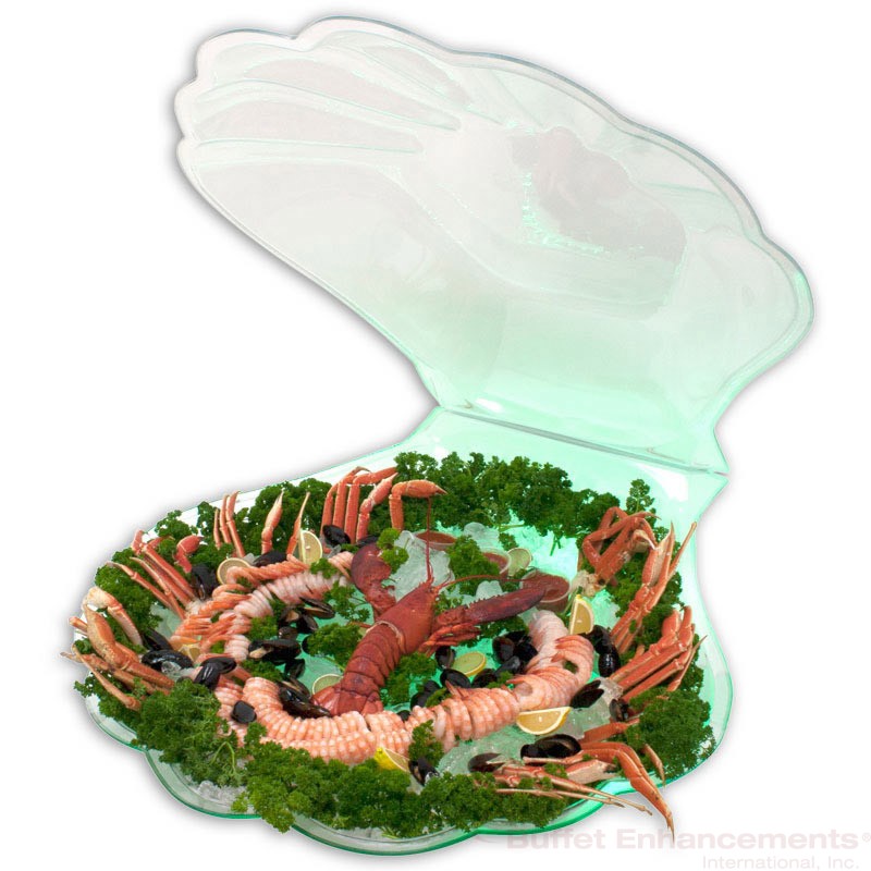 010SSHELL-Seafood-Clam-Shell is a plastic two part giant clam shell, shown with an assortment of lobster, shrimp, and other shellfish attractively displayed on ice.